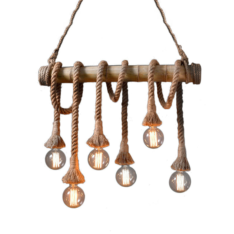 Industrial style bamboo fixture, adjustable height pendant for a modern dining room.