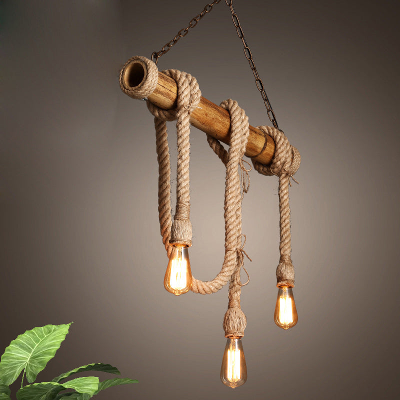 Natural bamboo pendant, industrial aesthetic, adjustable light for kitchen or dining.