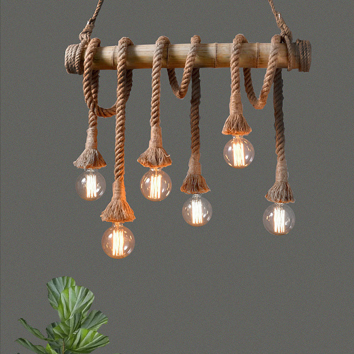 Eco-friendly bamboo pendant, adjustable industrial ceiling light for sustainable living.