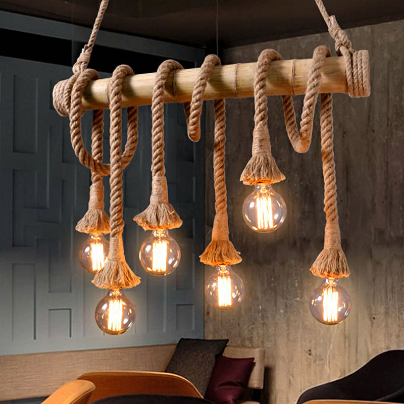 Stylish bamboo pendant, industrial lighting with adjustable height for contemporary kitchens.