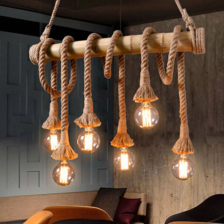 Stylish bamboo pendant, industrial lighting with adjustable height for contemporary kitchens.