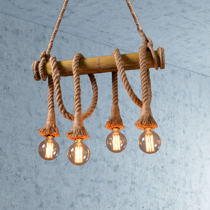 Natural decor industrial bamboo lamp, adjustable ceiling fixture for modern homes.