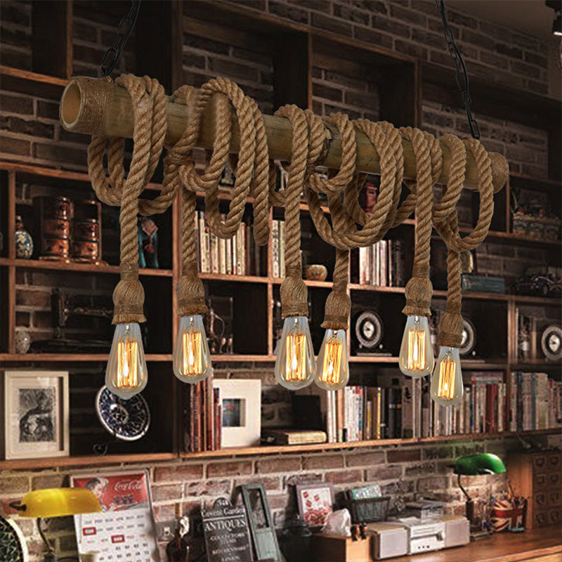 Adjustable height industrial bamboo pendant lamp, perfect for kitchen island lighting.