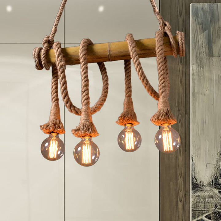 Eco-chic bamboo pendant light, industrial design, sustainable ceiling fixture for dining.