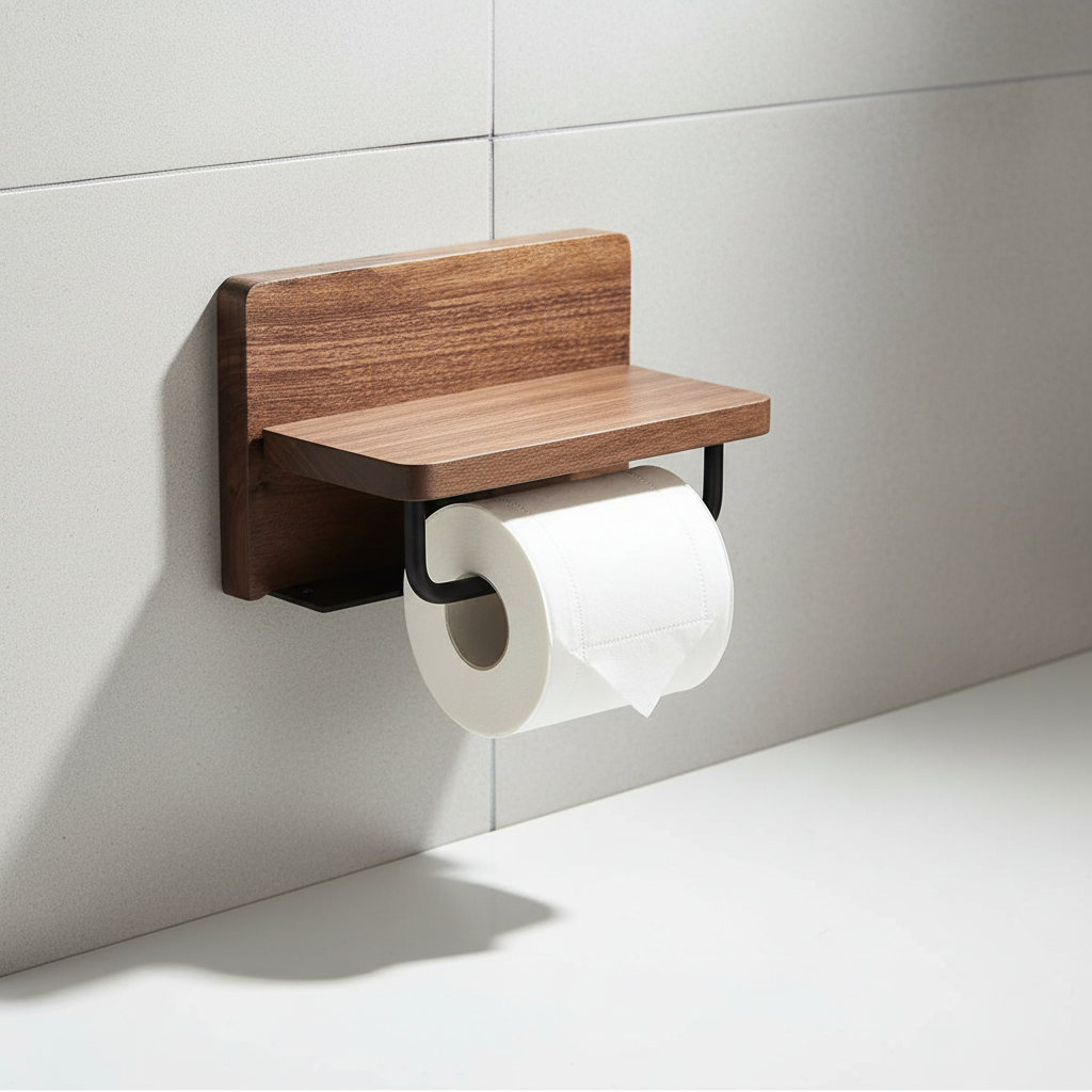 Industrial metal toilet paper holder with wood shelf, wall-mounted bathroom organizer