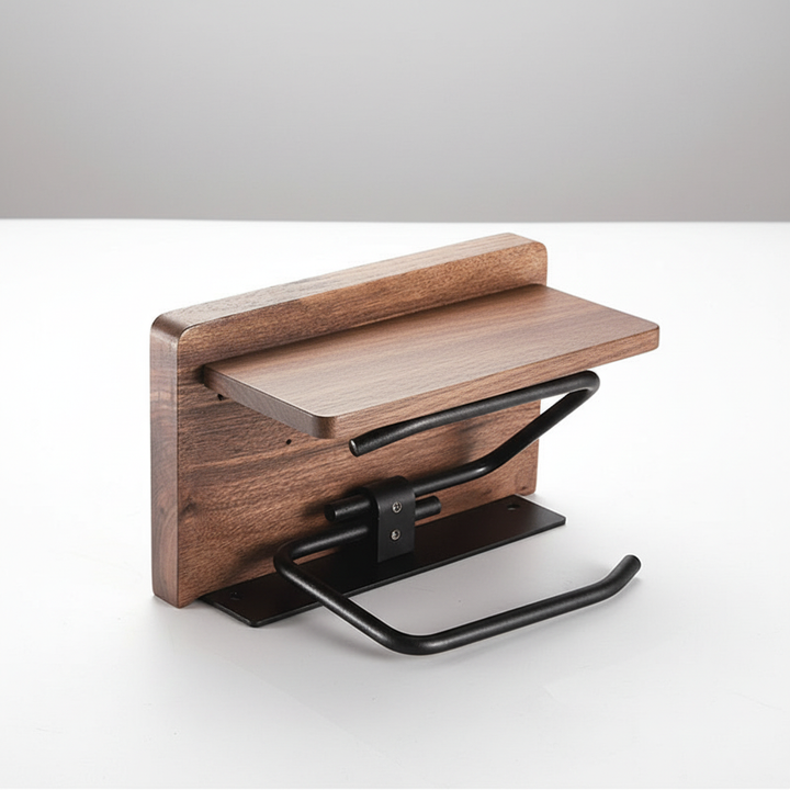WoodlyKeep industrial design toilet paper holder & storage shelf for bathroom decor