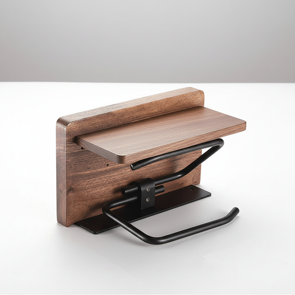 Space-saving industrial toilet paper holder with natural wood shelf, perfect for small bathrooms.