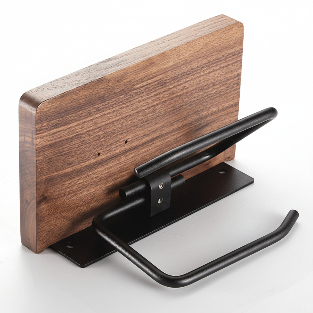 WoodlyKeep industrial metal toilet paper holder with an integrated wooden shelf for bathroom storage.