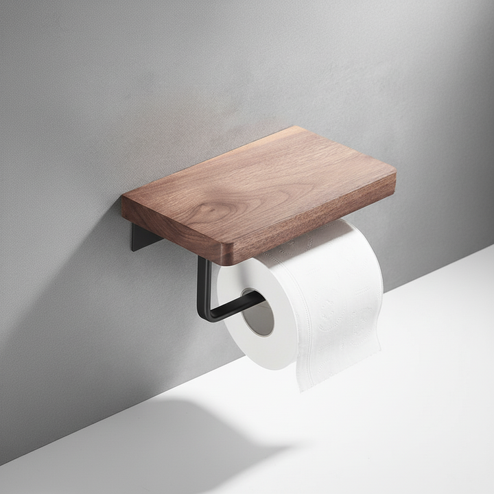 Wall-mounted industrial toilet paper holder, wood & metal bathroom storage solution