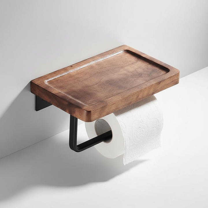 Stylish industrial toilet paper holder with wooden shelf for bathroom organization