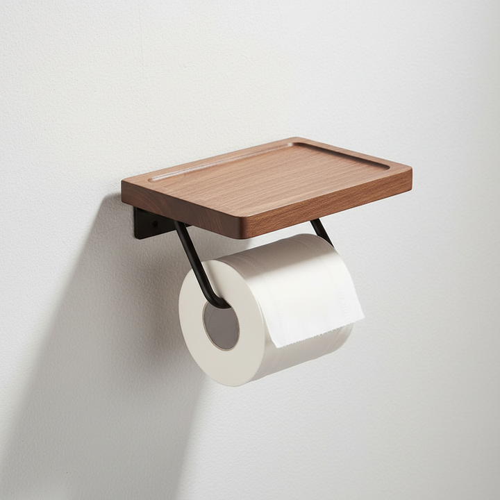 Bathroom interior featuring an industrial metal toilet paper holder with wood shelf
