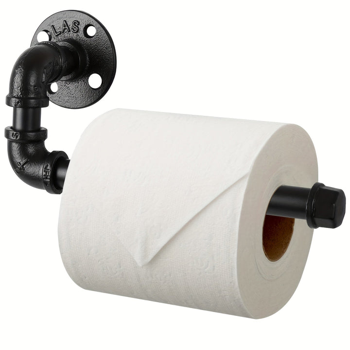 Black industrial pipe toilet paper holder, durable cast iron for a vintage bathroom aesthetic