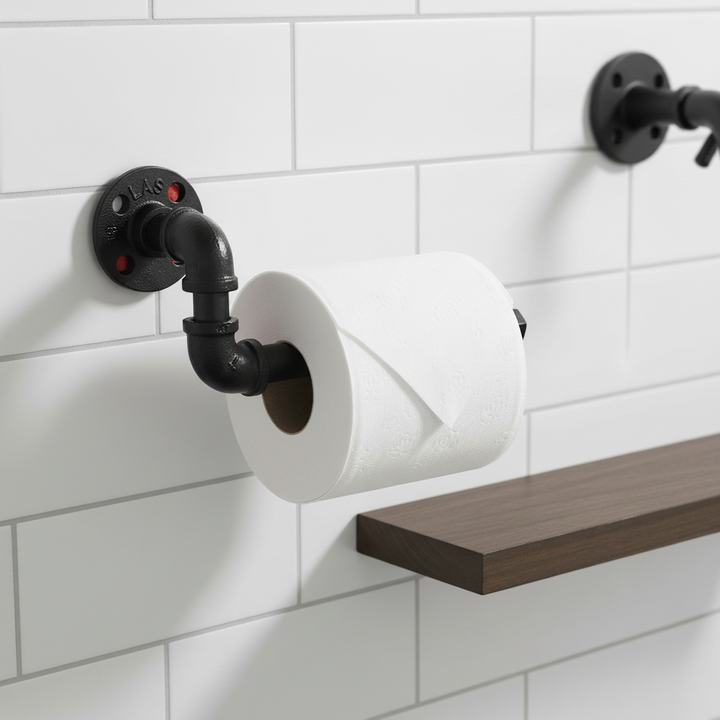 Industrial pipe toilet paper holder in black finish, wall-mounted bathroom accessory for home decor.