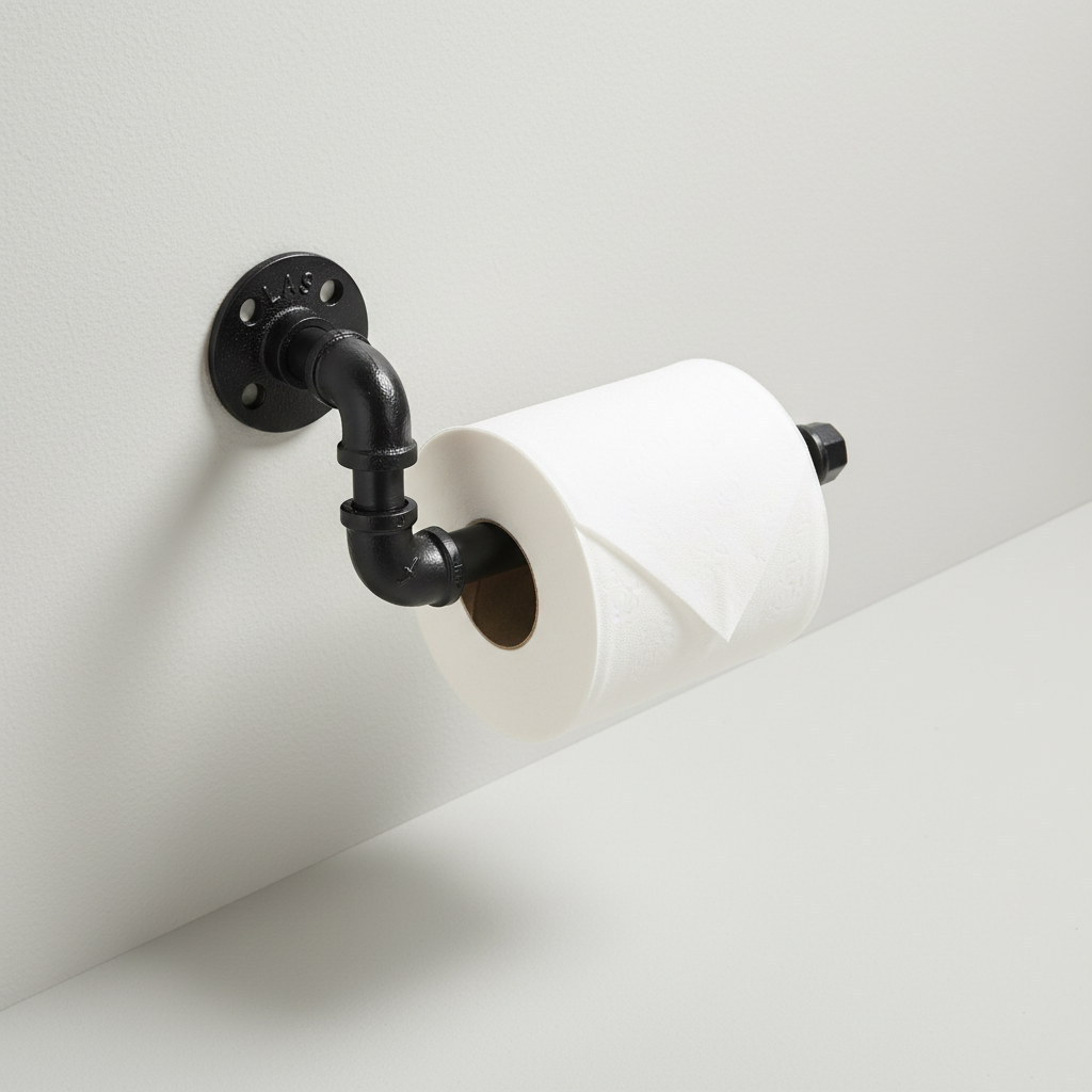 CastForge industrial style toilet paper holder, black lacquered cast iron pipe design, storage solution.
