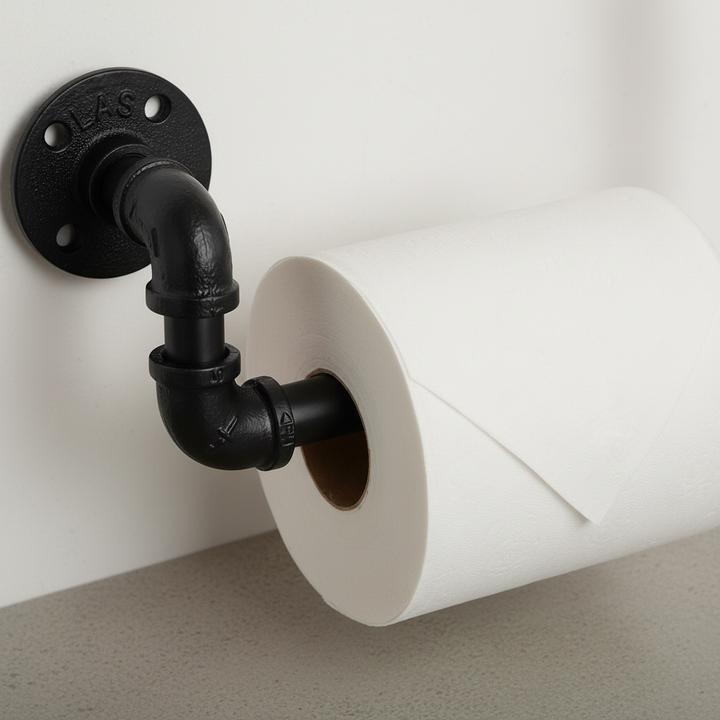 Black industrial pipe toilet paper holder, robust cast iron wall mount for a modern bathroom decor.