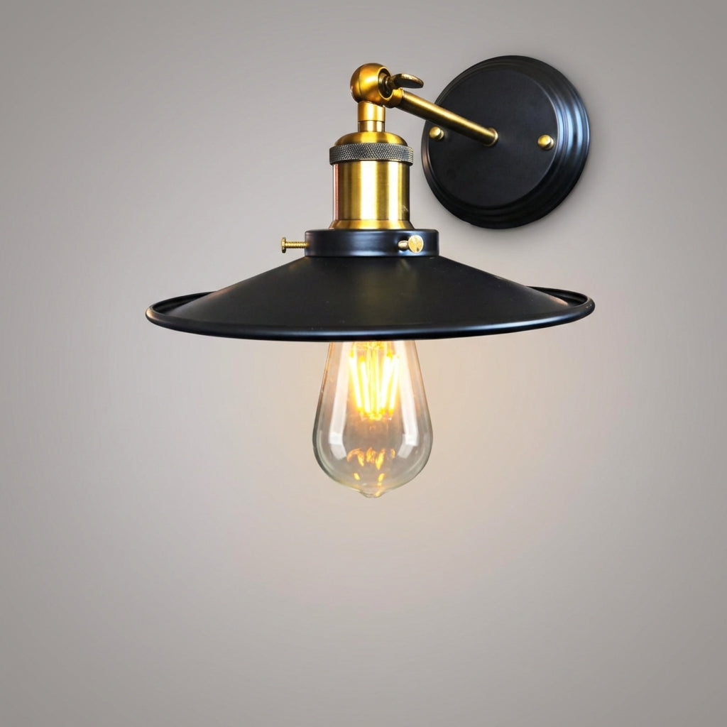 Vintage industrial wall lamp with a flared metal shade, hardwired E26 socket sconce for interior home decor.