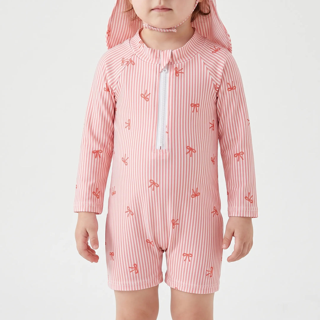 Sun protective baby rash guard swim set with hat. Ideal summer clothes for toddlers enjoying beach & pool.