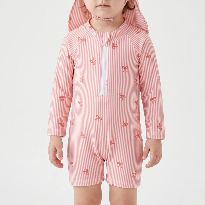 Sun protective baby rash guard swim set with hat. Ideal summer clothes for toddlers enjoying beach & pool.