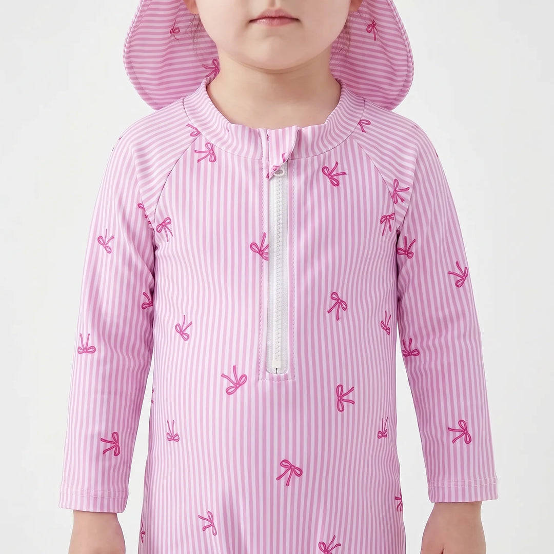 Comfortable infant long-sleeve swimwear set with UV protection rash guard & sun hat for safe outdoor fun.