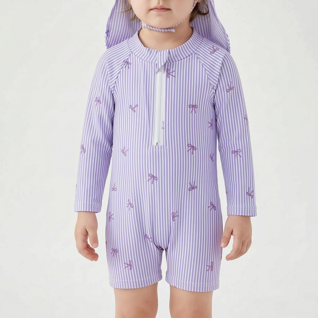 Complete baby rash guard swim set including long-sleeve top, bottom, and sun hat, offering full sun protection.