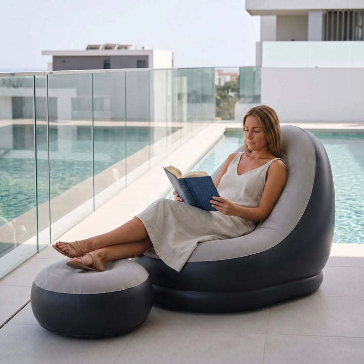 Inflatable lounge chair & ottoman set, perfect for indoor or outdoor relaxation and comfort.