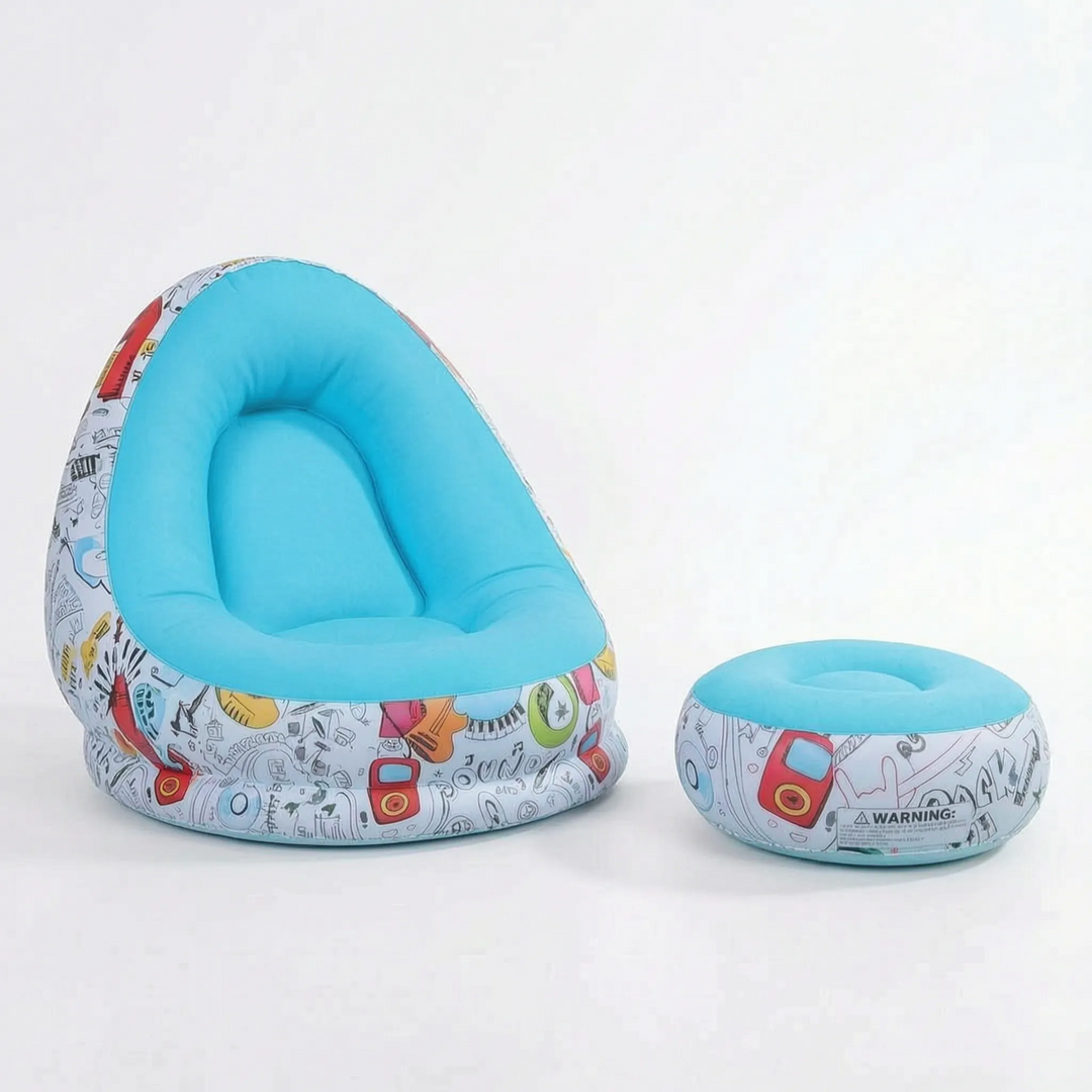 Versatile inflatable lounge chair and ottoman set for indoor/outdoor seating, easy setup & storage.