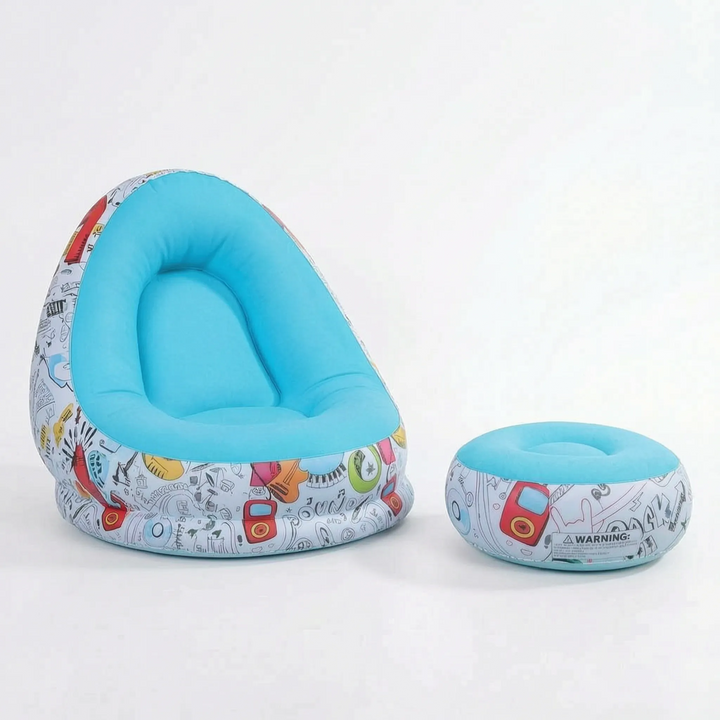 Versatile inflatable lounge chair and ottoman set for indoor/outdoor seating, easy setup & storage.