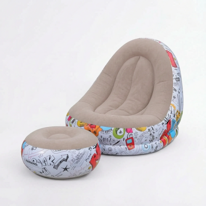 Large inflatable lounge chair with separate ottoman provides plush seating for ultimate comfort.
