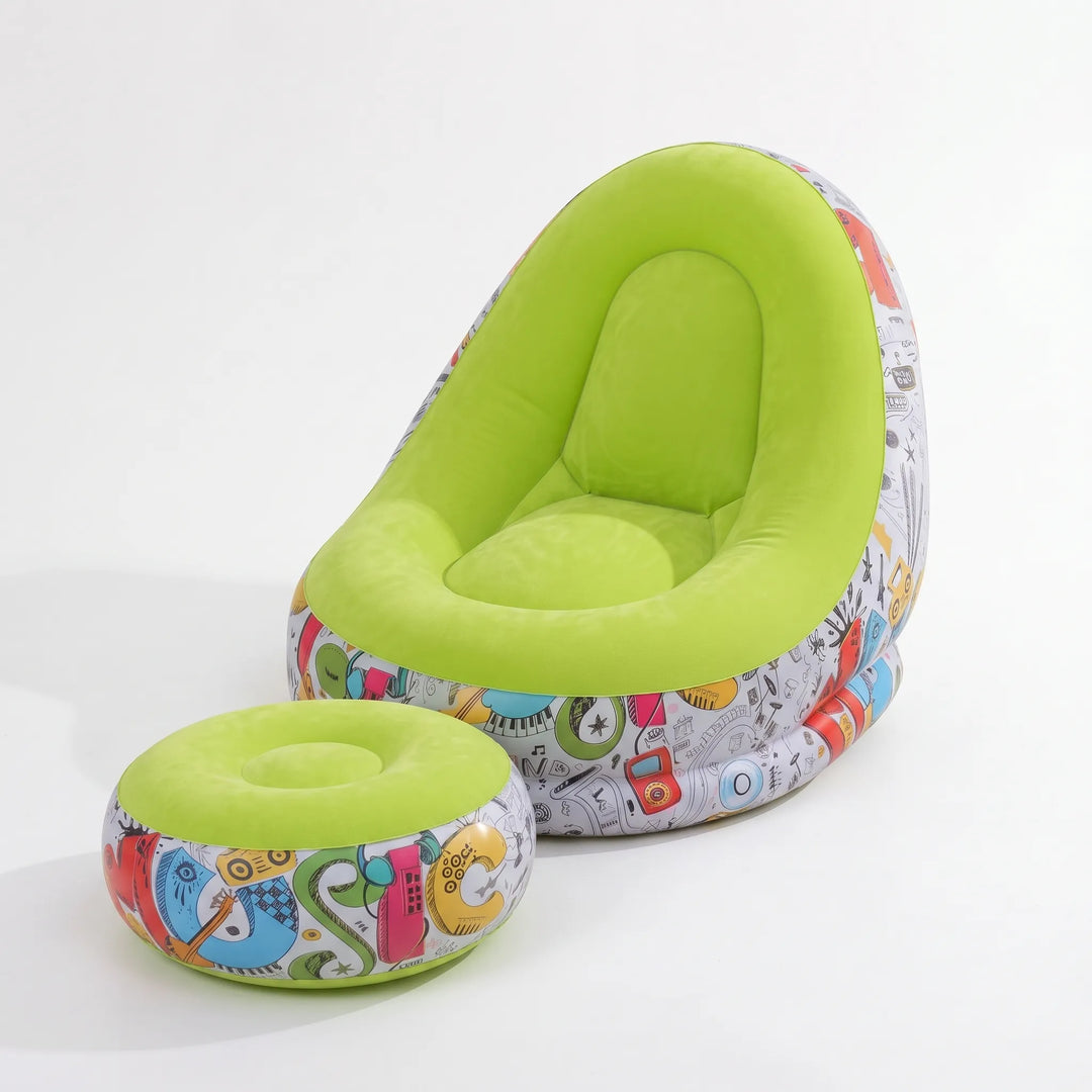Enjoy ultimate comfort with this inflatable lounge chair & ottoman, easy to set up for relaxation.