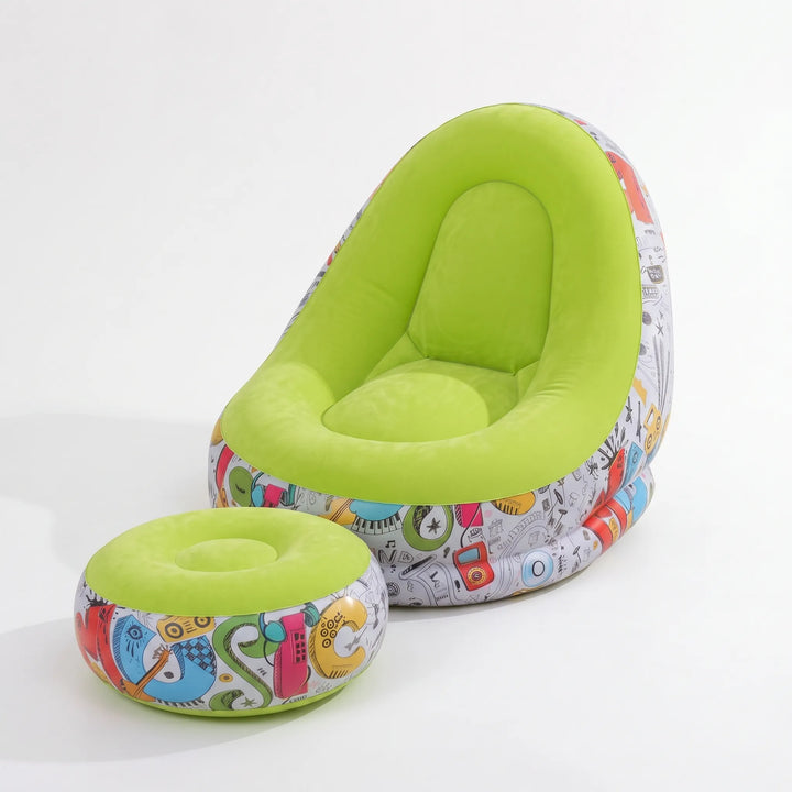 Enjoy ultimate comfort with this inflatable lounge chair & ottoman, easy to set up for relaxation.