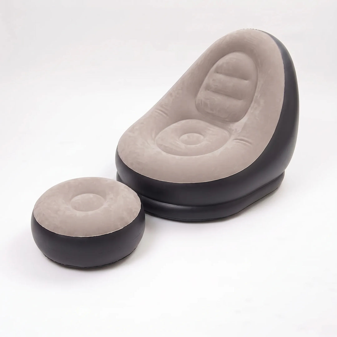 Portable inflatable lounge chair with footrest, ideal for camping, outdoor adventures, and easy setup.