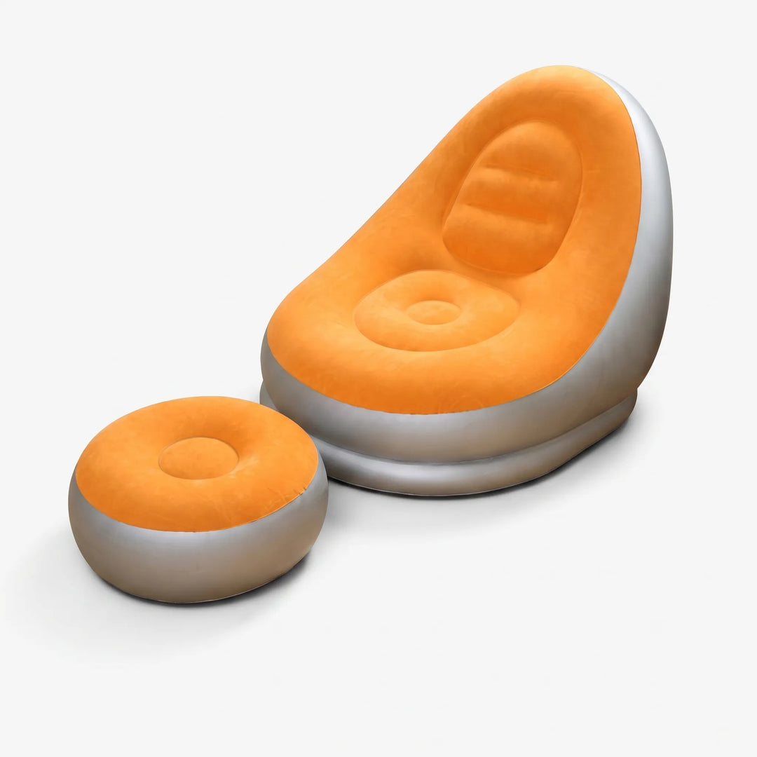 Modern inflatable lounge chair & ottoman for outdoor patio, garden furniture, or poolside comfort.