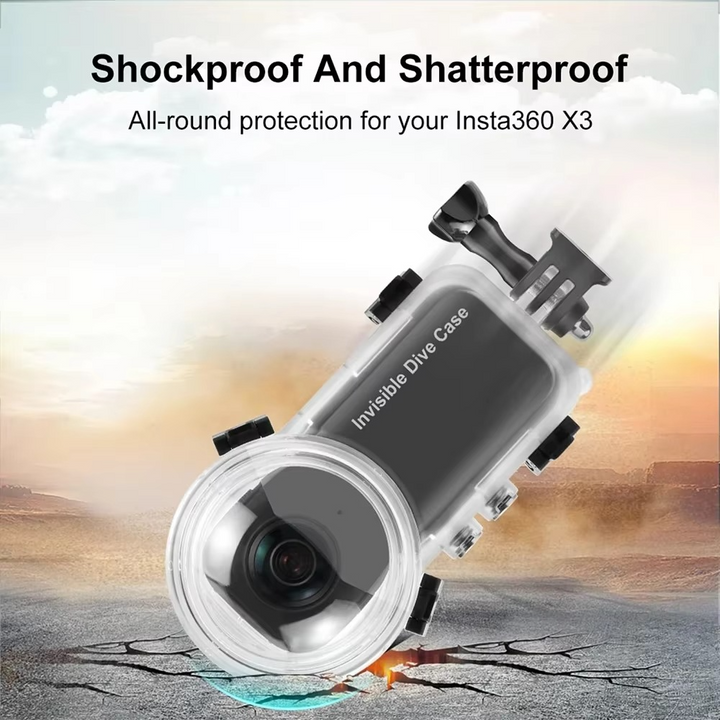 Invisible seam Insta360 X3 waterproof dive case, providing seamless underwater footage at 164 ft.