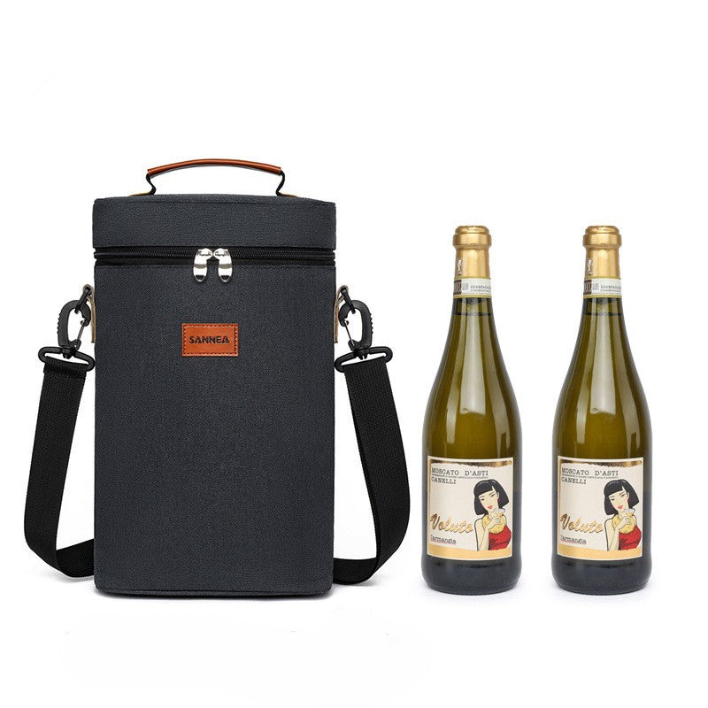 Insulated double wine cooler bag for picnics & travel, keeps 2 bottles chilled. Portable wine carrier tote.