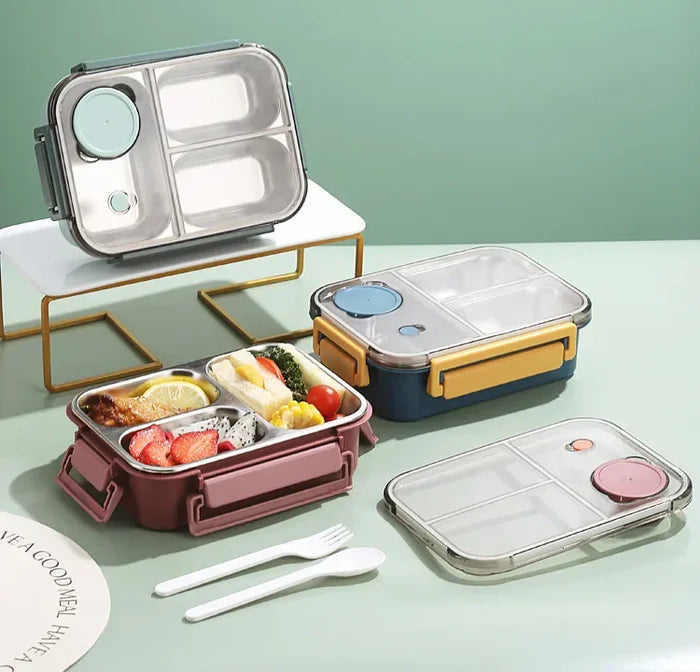 Sleek stainless steel insulated food container. Leak-proof thermos design for hot food on the go.