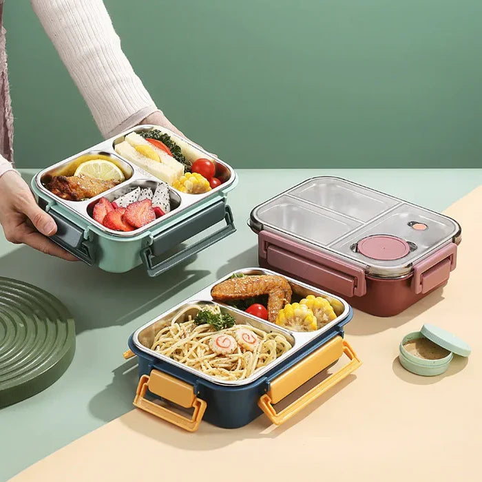 Open insulated food container, revealing stainless steel interior. Leak-proof thermos perfect for hot lunch.