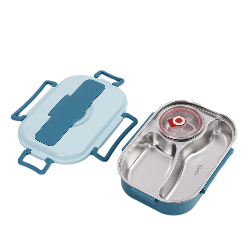 Compartmentalized stainless steel lunch box, insulated to keep food hot. Great for varied meal prep & storage.