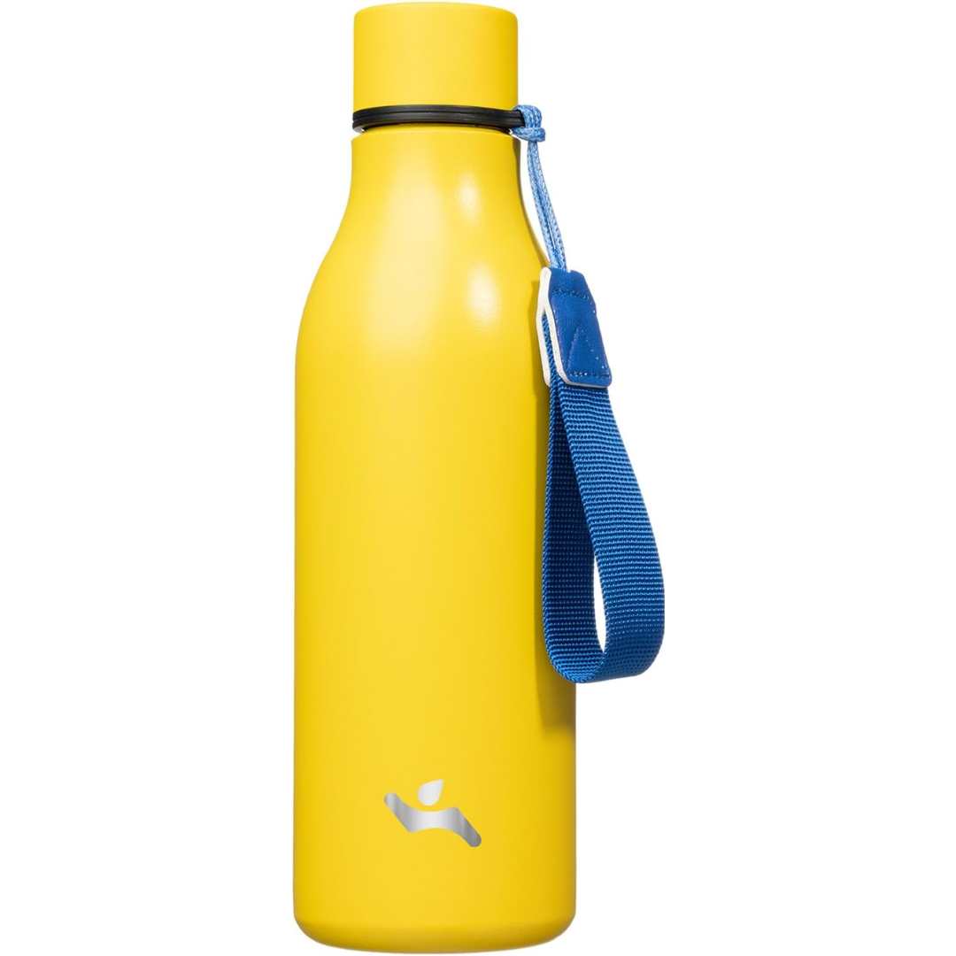 Insulated stainless steel water bottle with carrying strap for hot & cold drinks.