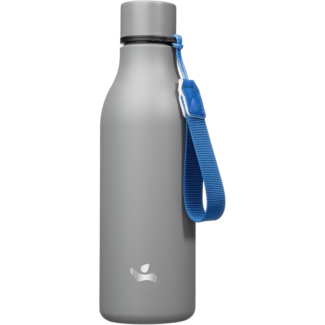 Versatile insulated travel mug & sports bottle, stainless steel with carrying strap.
