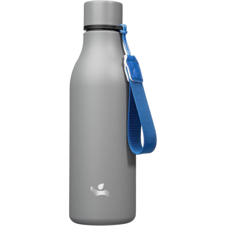 Versatile insulated travel mug & sports bottle, stainless steel with carrying strap.