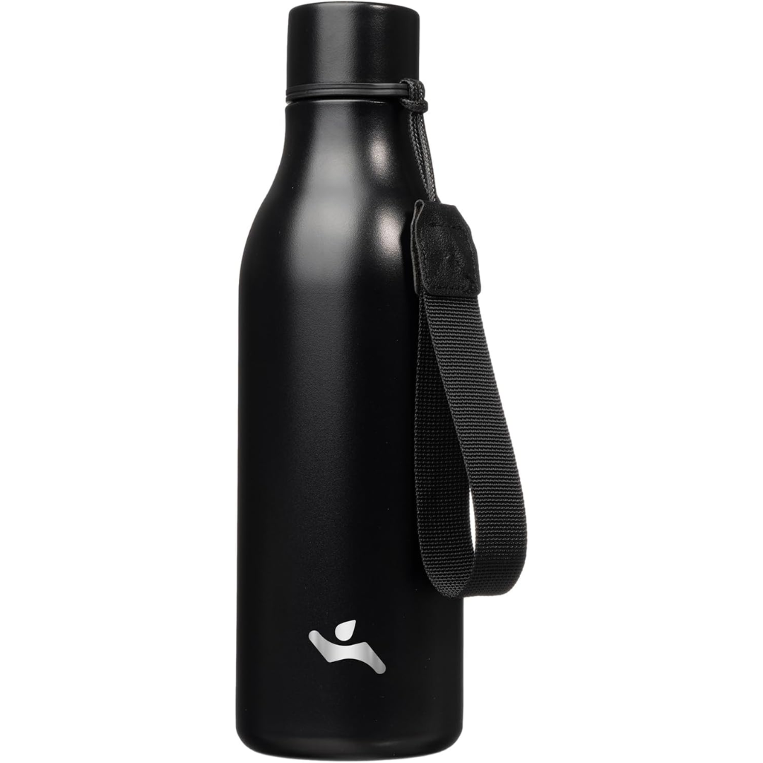 Reusable stainless steel insulated bottle with strap, perfect for eco-conscious hydration.