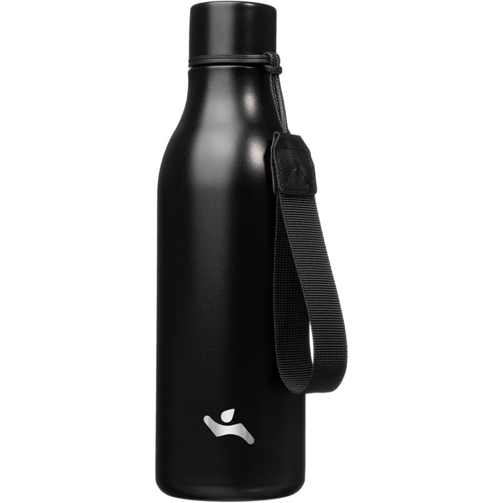 Reusable stainless steel insulated bottle with strap, perfect for eco-conscious hydration.