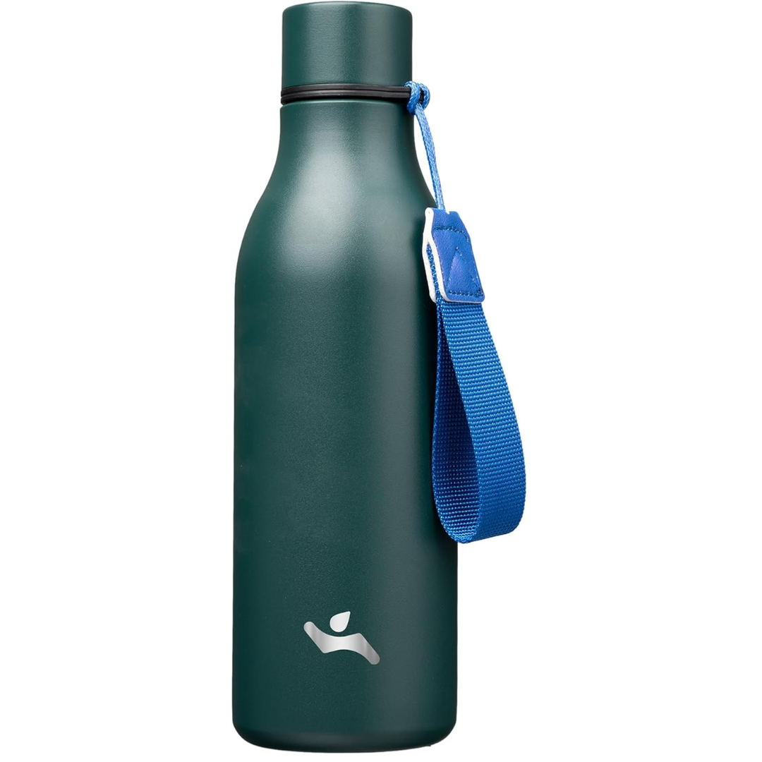 Sleek design insulated stainless steel bottle with ergonomic carrying strap for active lifestyles.