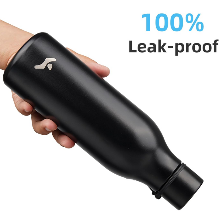 Durable stainless steel reusable bottle with a convenient carrying strap.