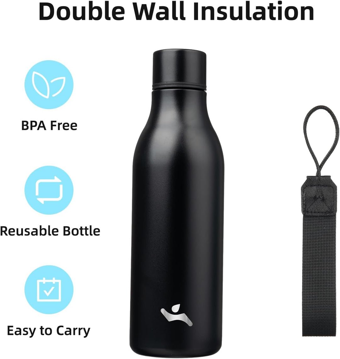 Travel-friendly stainless steel bottle with strap keeps drinks hot or cold on the go.