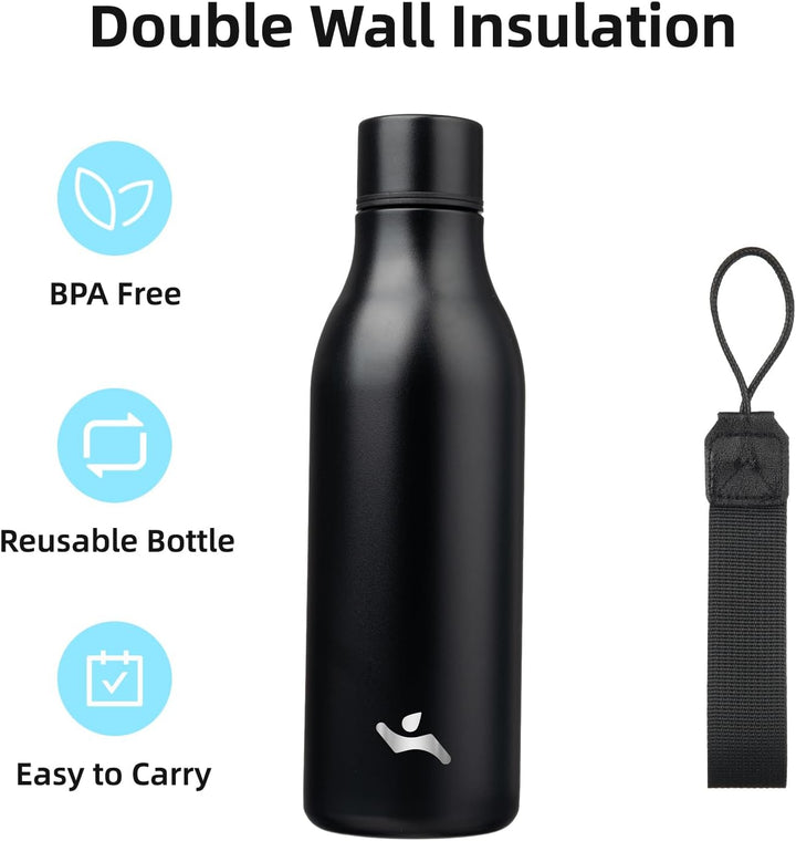 Travel-friendly stainless steel bottle with strap keeps drinks hot or cold on the go.