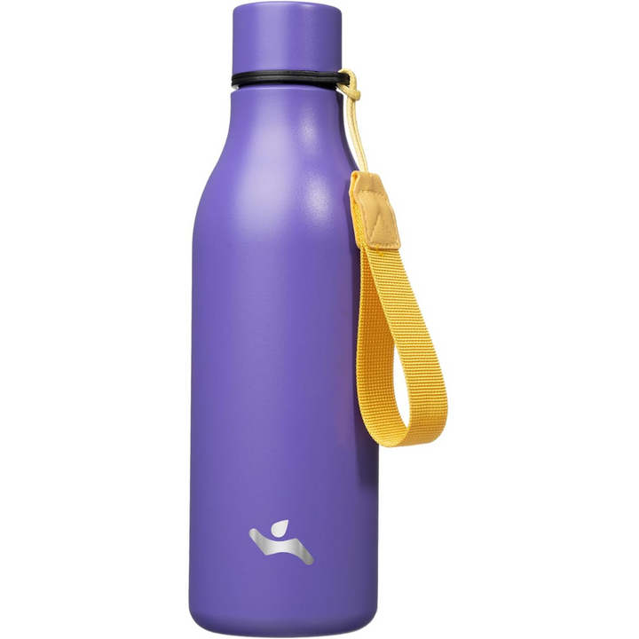 Sports insulated water bottle with carrying strap, ideal for outdoor activities & active use.