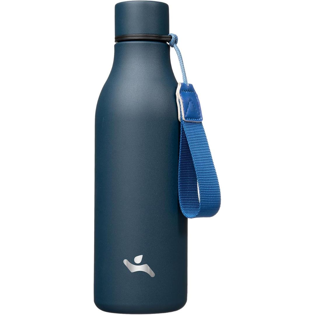 Durable stainless steel insulated bottle, leak-proof design with handy carrying strap.