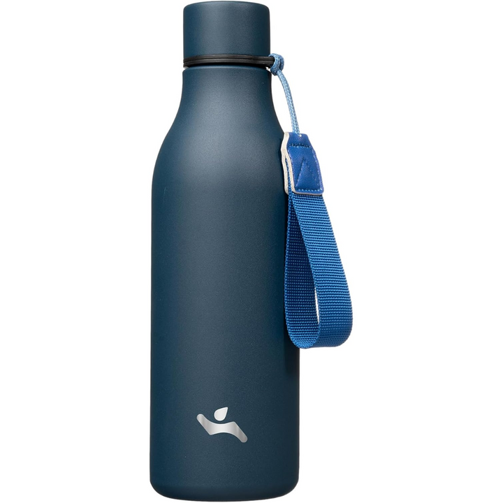 Durable stainless steel insulated bottle, leak-proof design with handy carrying strap.
