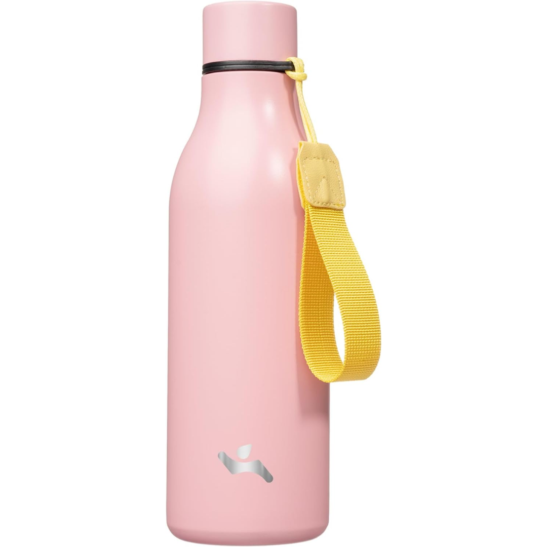 Convenient insulated water bottle with carrying strap, easy to transport for daily hydration.